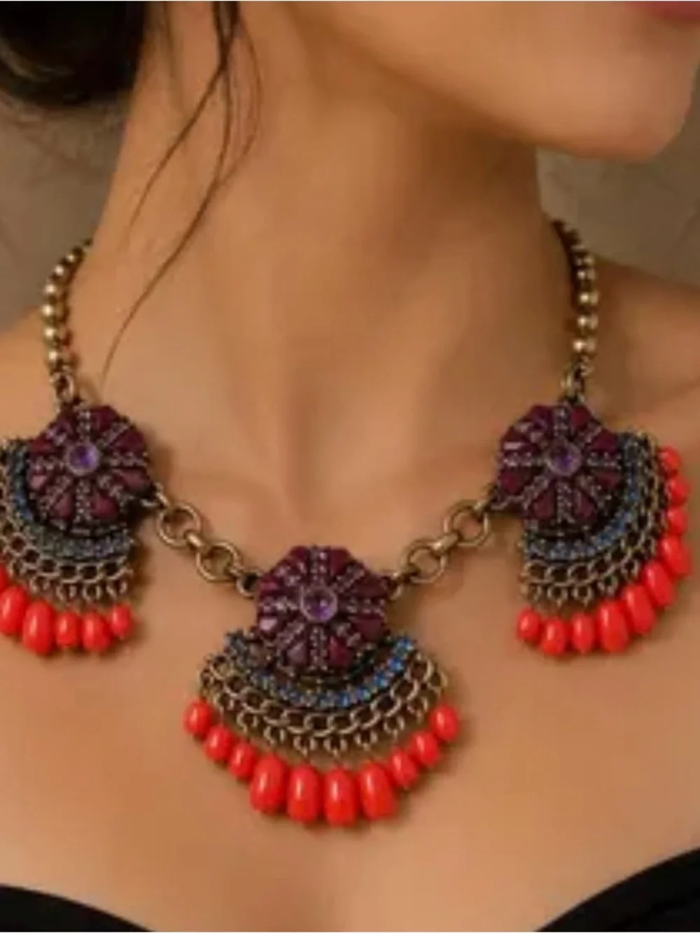 J Crew Statement Purple Blue Neon Coral Floral Necklace Boho Glam Festival